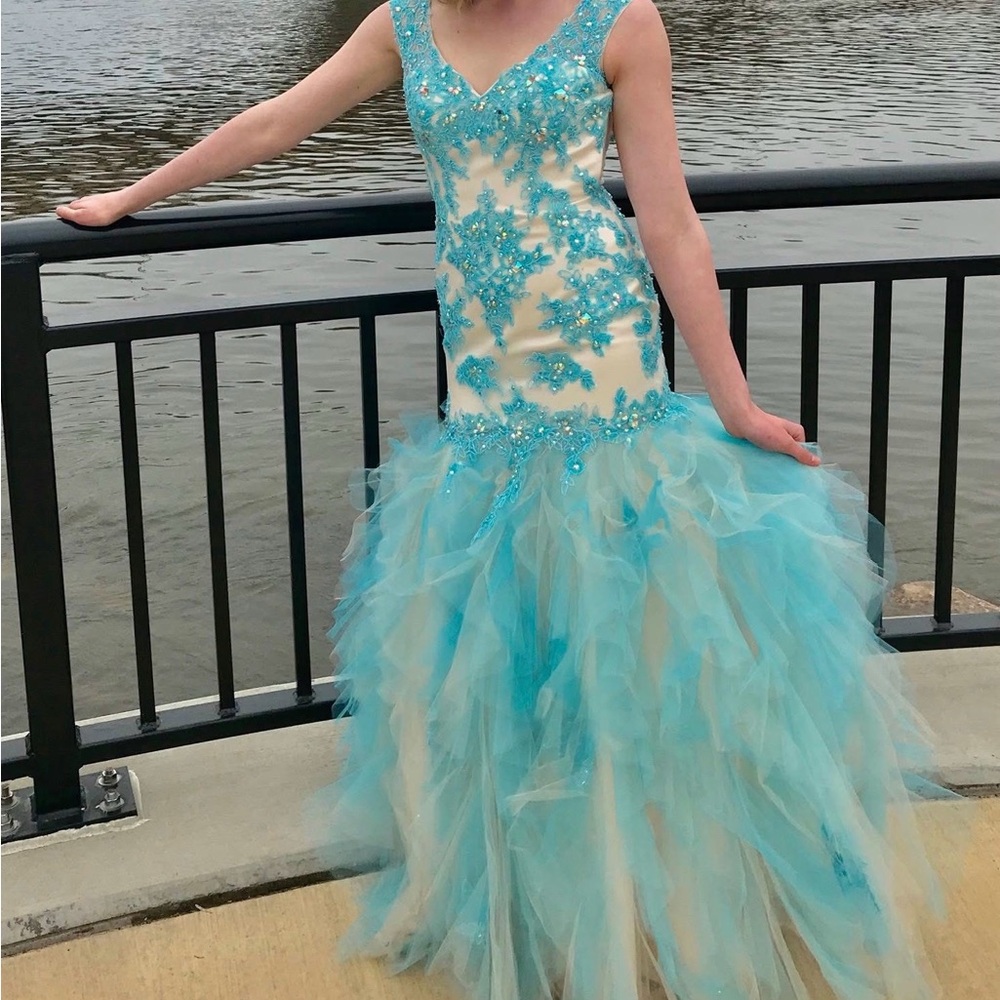 Mori Lee Blue Embellished Ruffled Prom Gown